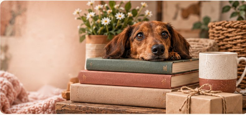 Dachshund resting its head on a stack of books next to a ceramic mug and wrapped gifts